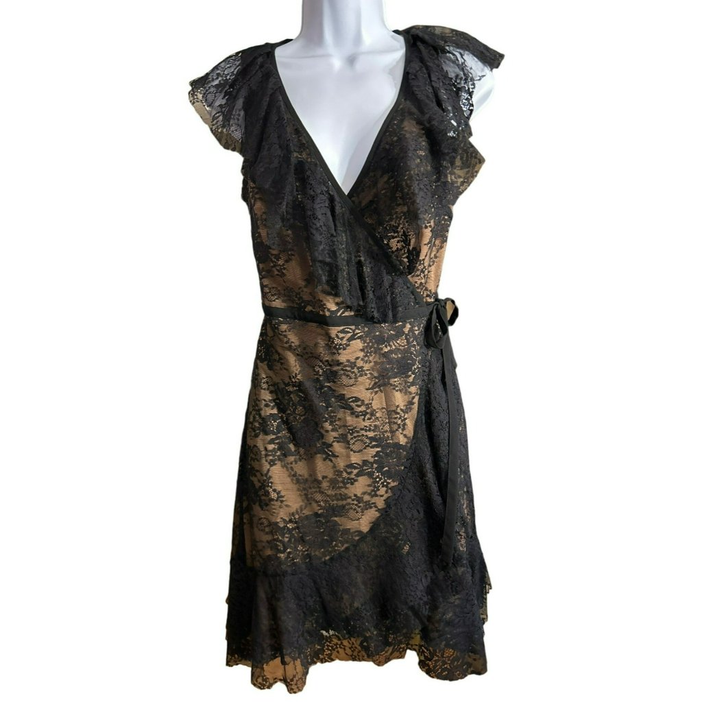 Storia Women's Black Lace Ruffled V-Neck Wrap Dress Size Small Sleeveless
